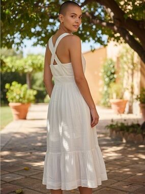 Cotton Ivory Cross-Strap Midi Sundress Dress